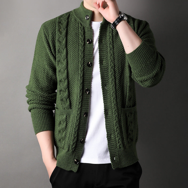 Men's Autumn Jacquard Knit Cardigan, Retro Style, Button Closure, Pockets, and Loose Fit.