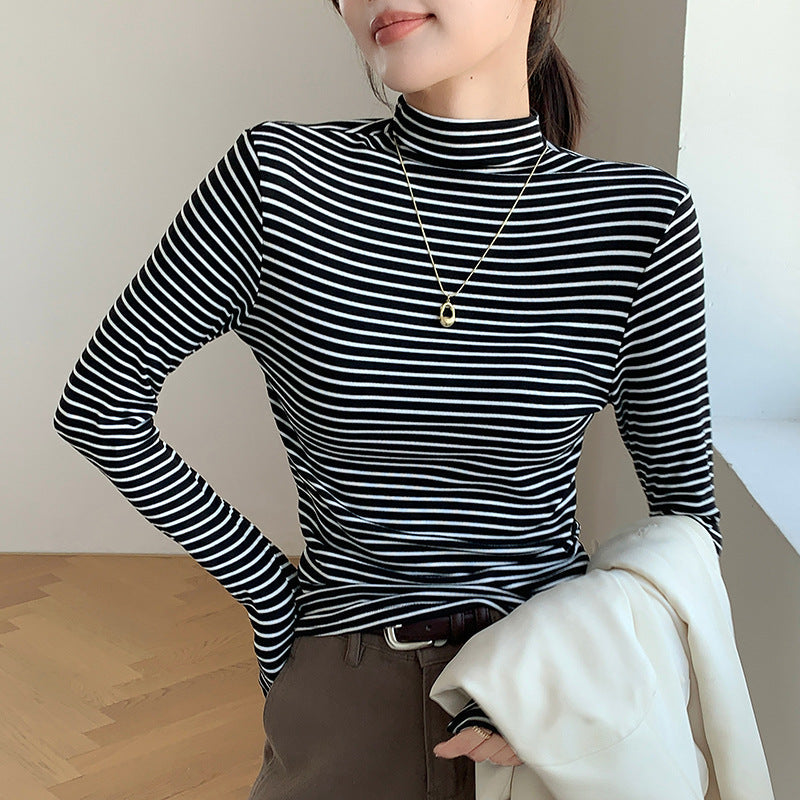 Women's Long Sleeve Sweater with Half Collar and Thin Stripes