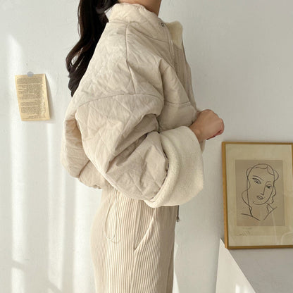 Women's Thick Winter Jacket with High Collar and Lamb Velvet Stitching