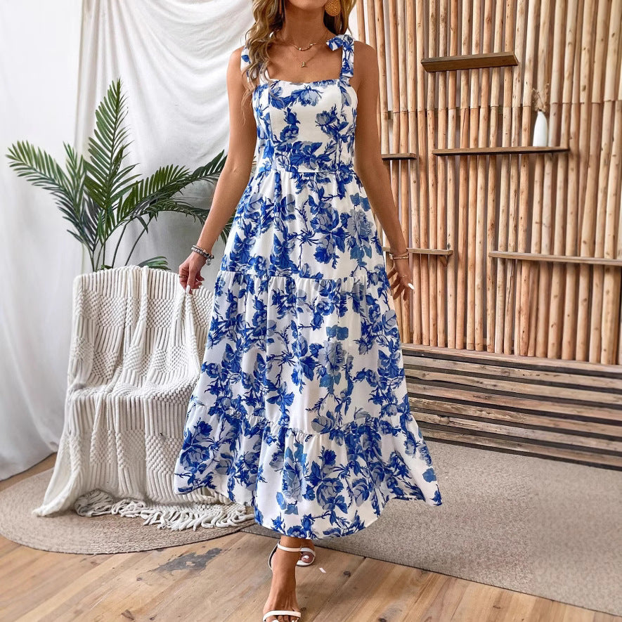 Abito Midi Estivo Donna Stampato con Spalline Sottili e Dettaglio in Pizzo – Abito Casual Elegante