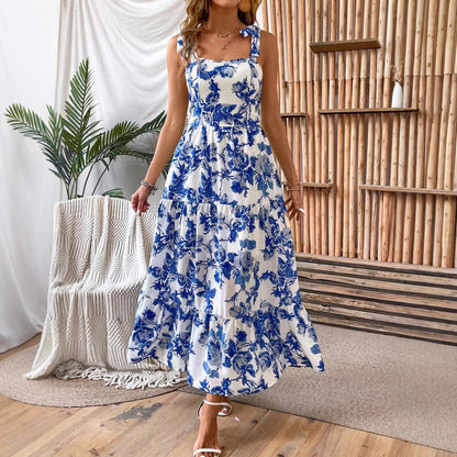 Abito Midi Estivo Donna Stampato con Spalline Sottili e Dettaglio in Pizzo – Abito Casual Elegante
