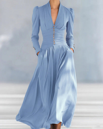 Women's Autumn Fitted Dress with High Waist and Pleats – Elegant Solid Color Midi Dress