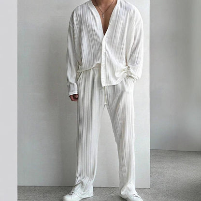 Men's Two-Piece Suit with Long-Sleeve Shirt and Pants – Solid Color Casual Set