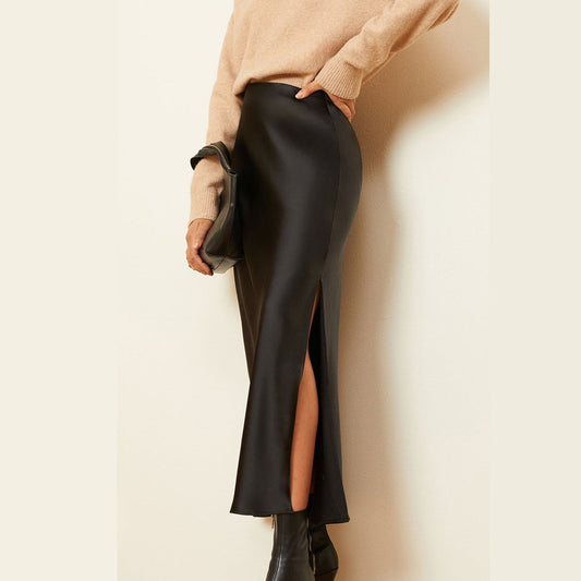 Women's Mid-Length High Waist Skirt with Slanted Slit and Elastic Waistband