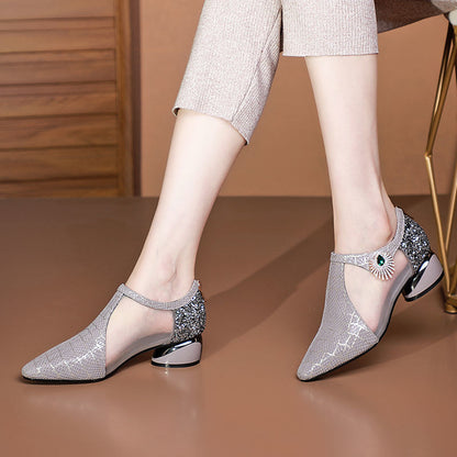 Women's Sandals with Pointed Toe, Mesh Inserts, Rhinestones, and Wide Heel – Elegant Sandals