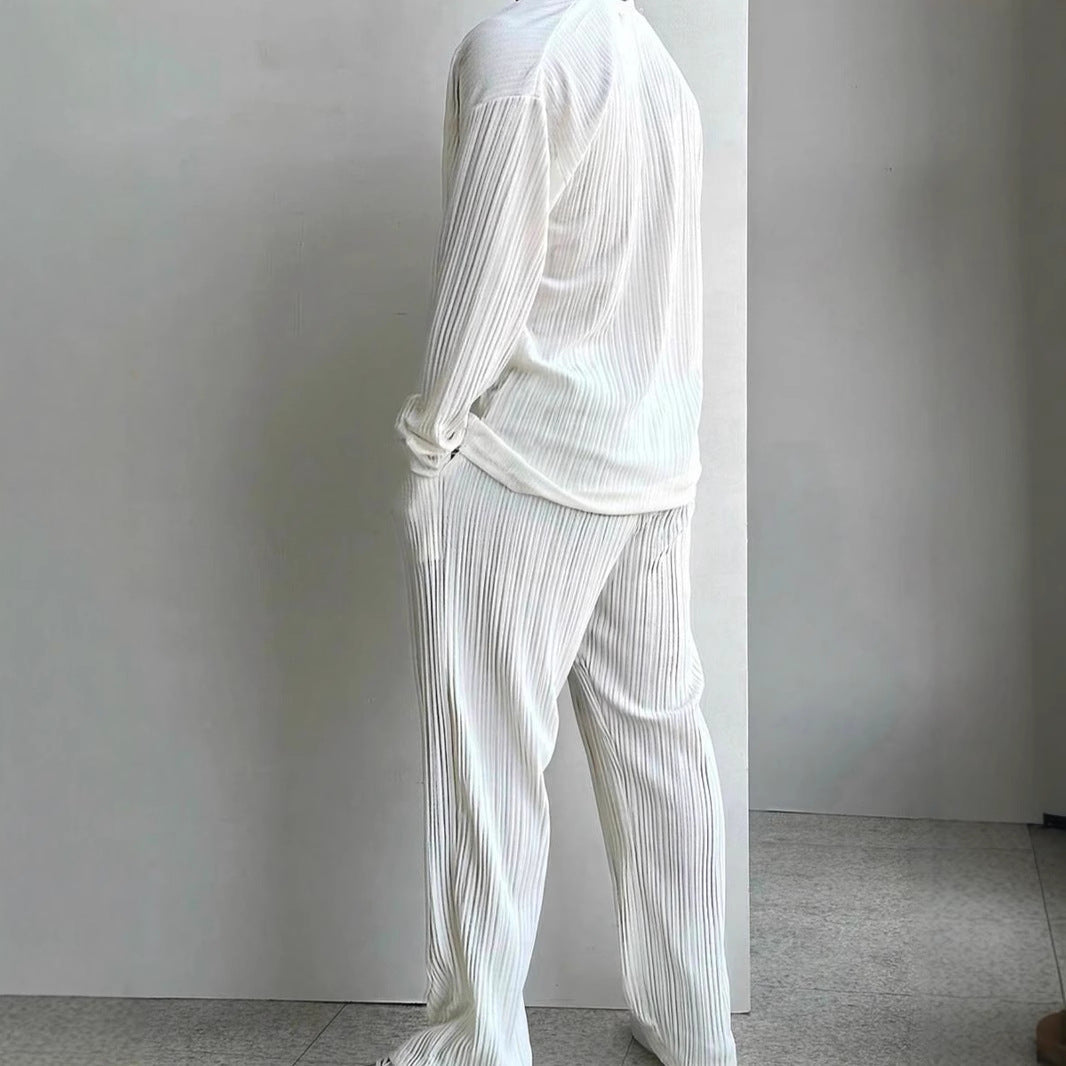 Men's Two-Piece Suit with Long-Sleeve Shirt and Pants – Solid Color Casual Set