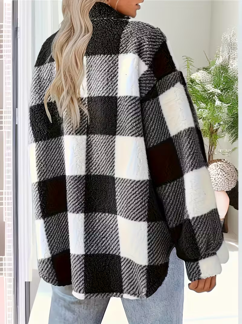 Giacca Donna in Pile a Quadri con Bottoni – Stile Autunnale