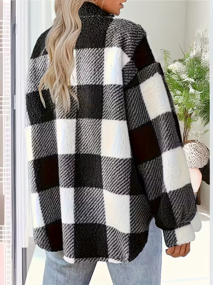 Giacca Donna in Pile a Quadri con Bottoni – Stile Autunnale
