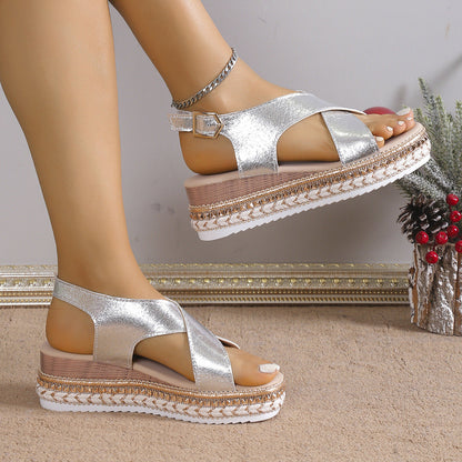 Women's Wedge Platform Sandals, Open Toe and Buckle – Casual Sandals