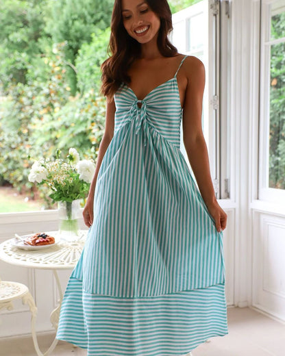 Abito Midi Estivo Donna a Righe con Scollo a V e Vita Elasticizzata – Abito Casual Estivo