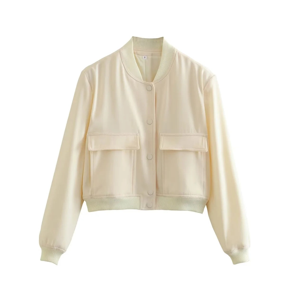 Chaqueta bomber de mujer para otoño con bolsillos delanteros y diseño liso