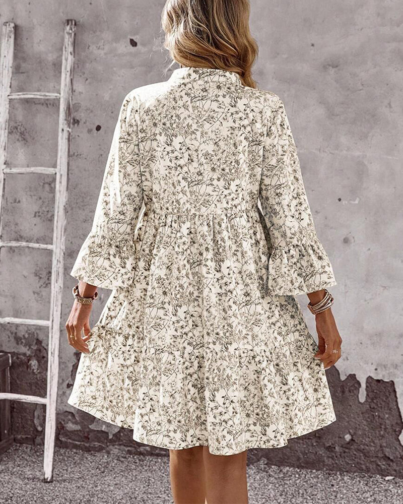 Women's Spring Dress with High Neckline, Flounce Sleeves, and Floral Print