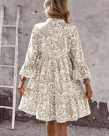 Women's Spring Dress with High Neckline, Flounce Sleeves, and Floral Print