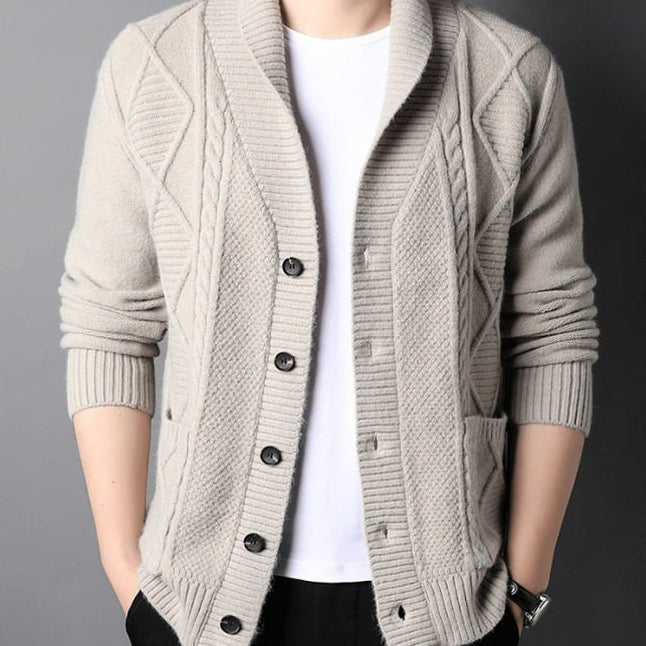 Men's Long Sleeve Cardigan with Notched Collar and Loose Fit