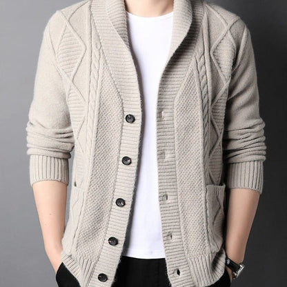 Men's Long Sleeve Cardigan with Notched Collar and Loose Fit