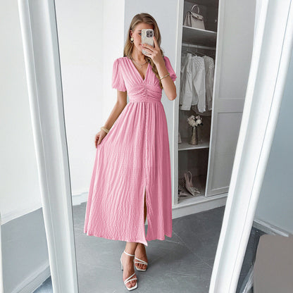 Women's Long Summer Dress with Deep V-Neck and Pleated Detail – Elegant Maxi Summer Dress
