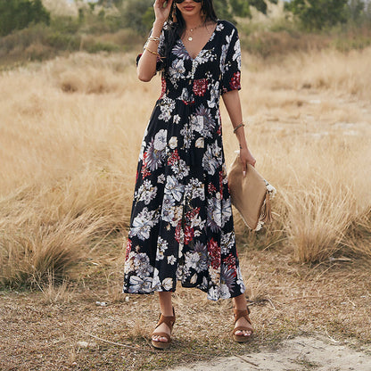 Women’s Summer Midi Dress with Floral Print and V-Neckline
