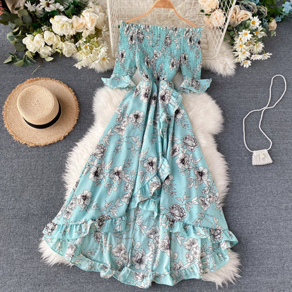 Abito Midi Donna con Spalle Scoperte, Maniche Corte e Volant – Stile Estivo