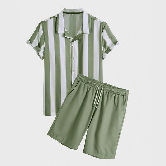 Men's Two-Piece Suit with Striped Floral Shirt and Shorts – Casual Style