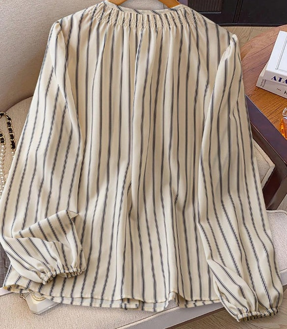 Top da Donna a Righe con Scollo Rotondo Arricciato e Maniche a Palloncino