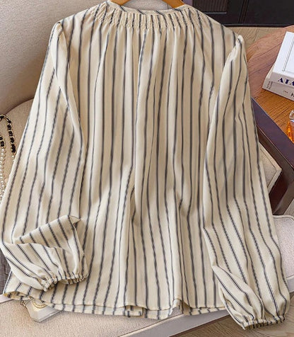 Top da Donna a Righe con Scollo Rotondo Arricciato e Maniche a Palloncino