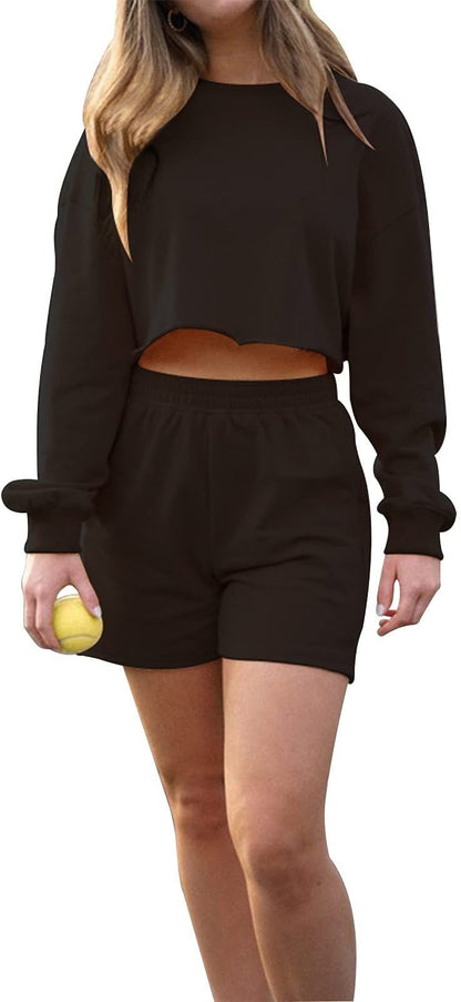 Women's Two-Piece Sports Set: Long-Sleeve Sweater and Solid Color Shorts