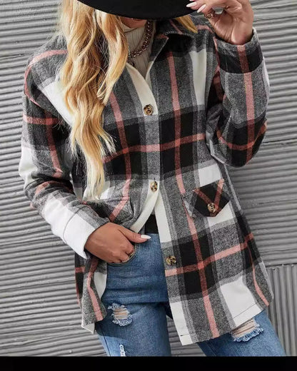 Women's Long Sleeve Shirt with Checkered Pattern, Turn-Down Collar, and Dropped Shoulders