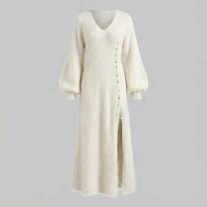 Vestido Largo de Invierno para Mujer con Escote en V, Mangas Largas y Botones Laterales