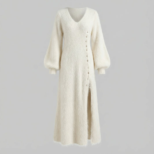 Women's Long Winter Dress V-Neck Long Sleeves Side Buttons