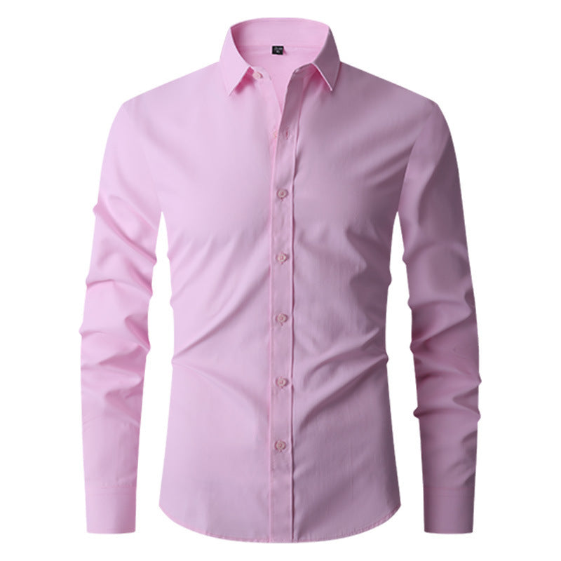 Camicia uomo rosa chiaro, maniche lunghe, colletto classico, bottoni frontali. Elegante e moderna, ideale per abbigliamento formale e casual.