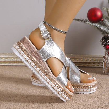 Women's Wedge Platform Sandals, Open Toe and Buckle – Casual Sandals