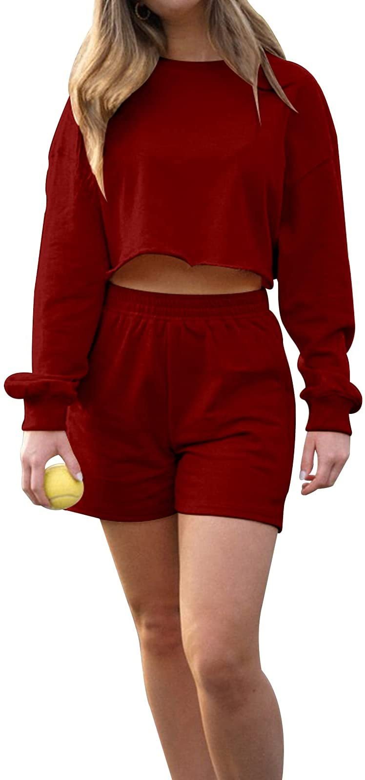 Women's Two-Piece Sports Set: Long-Sleeve Sweater and Solid Color Shorts