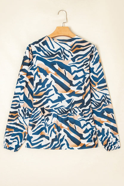 Women's Cardigan Sweater with Puff Sleeves and Blue Zebra Print