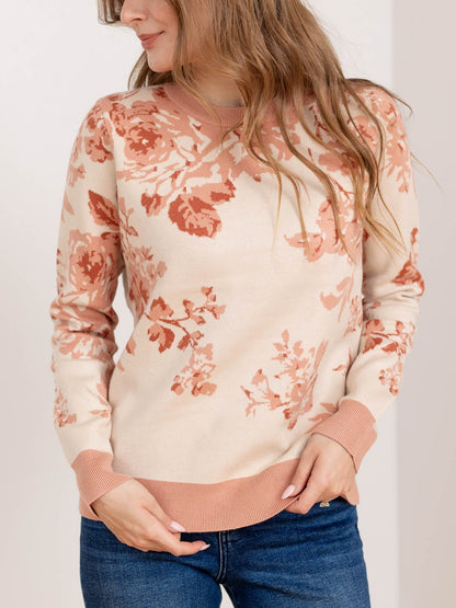 Maglione Donna Jacquard Floreale Boxy con Girocollo – Stile Quotidiano