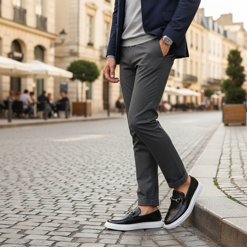 Men's Moccasins in Embossed Faux Leather with Snake Effect and Metal Buckle