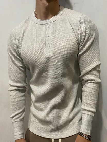 Herre langærmet T-shirt i vaffelstof, slim fit, Henley-krave, tung