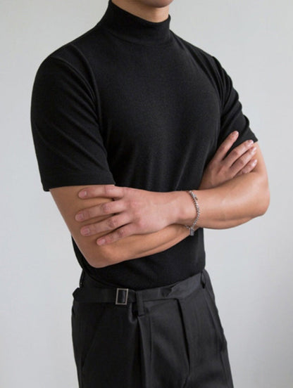 Herre kortærmet T-shirt med høj hals, slim fit, åndbar, med halv krave