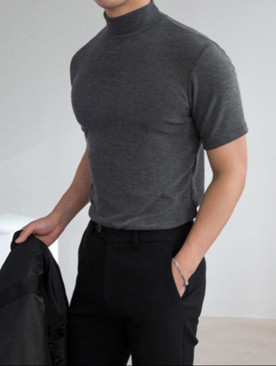 Herre kortærmet T-shirt med høj hals, slim fit, åndbar, med halv krave