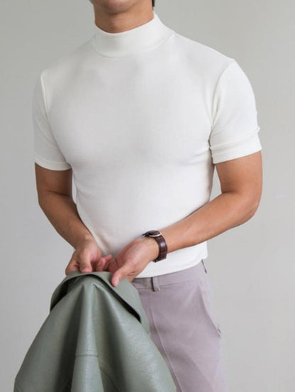 Herre kortærmet T-shirt med høj hals, slim fit, åndbar, med halv krave