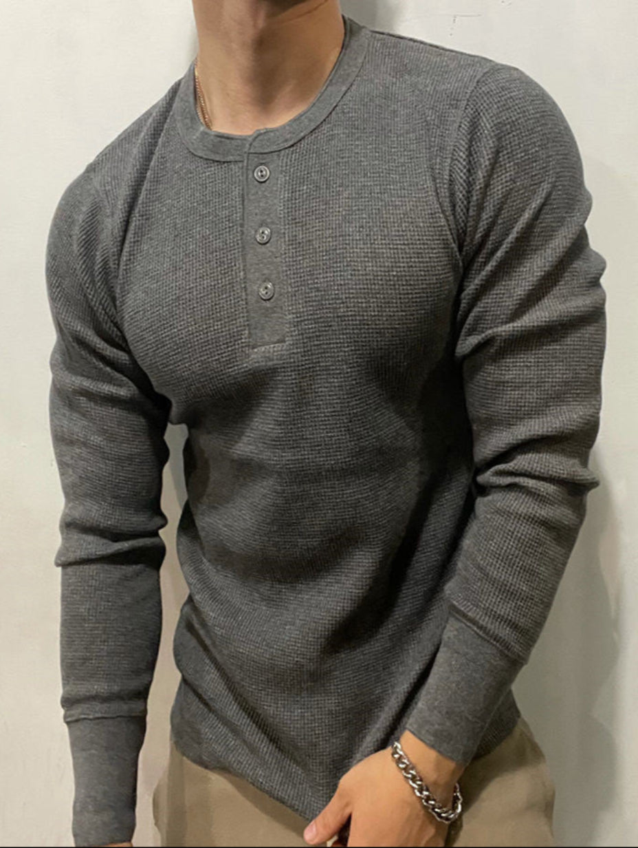 Herre langærmet T-shirt med Henry-krave, bikagemønstret stof, slim fit