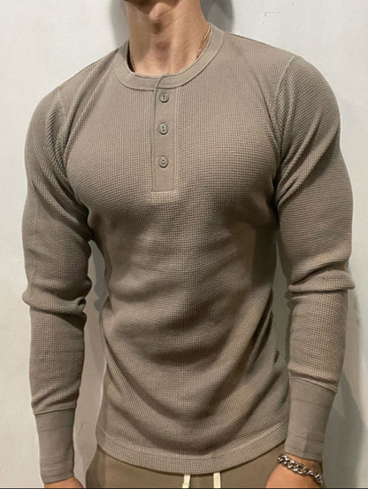 Herre langærmet T-shirt i vaffelstof, slim fit, Henley-krave, tung