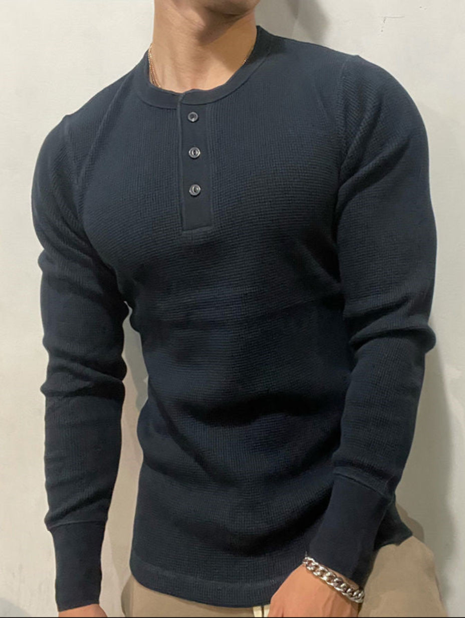 Herre langærmet T-shirt med Henry-krave, bikagemønstret stof, slim fit