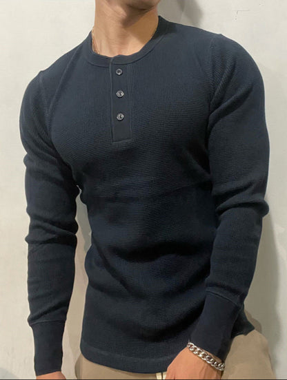 Herre langærmet T-shirt i vaffelstof, slim fit, Henley-krave, tung