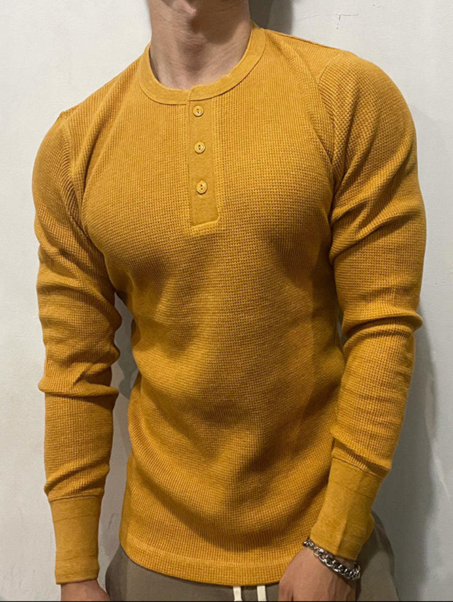 Herre langærmet T-shirt med Henry-krave, bikagemønstret stof, slim fit