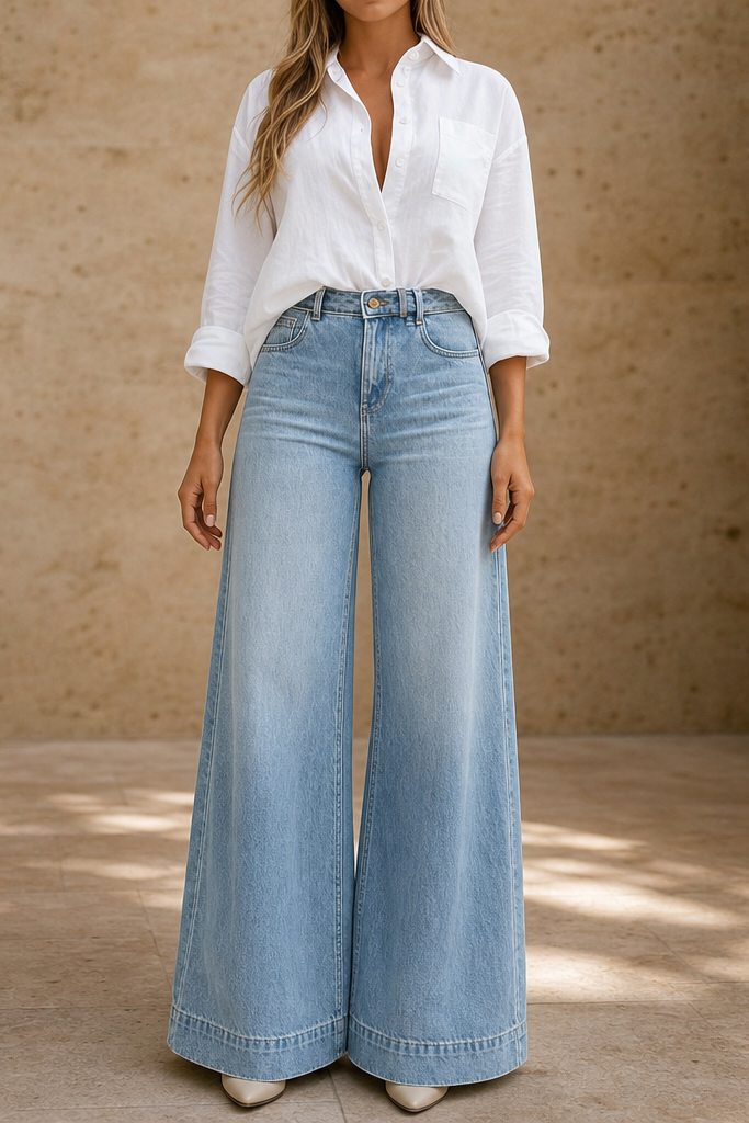 Jeans de mujer de cintura alta y pernera ancha con lavado vintage y tejido de denim de algodón.