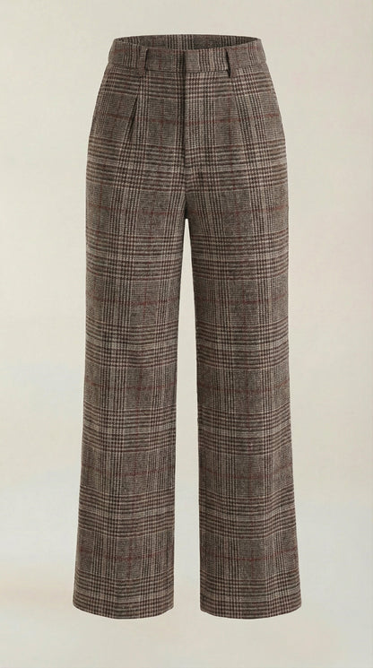 Women's Fall High-Waisted Wide-Leg Pants with a Plaid Pattern.