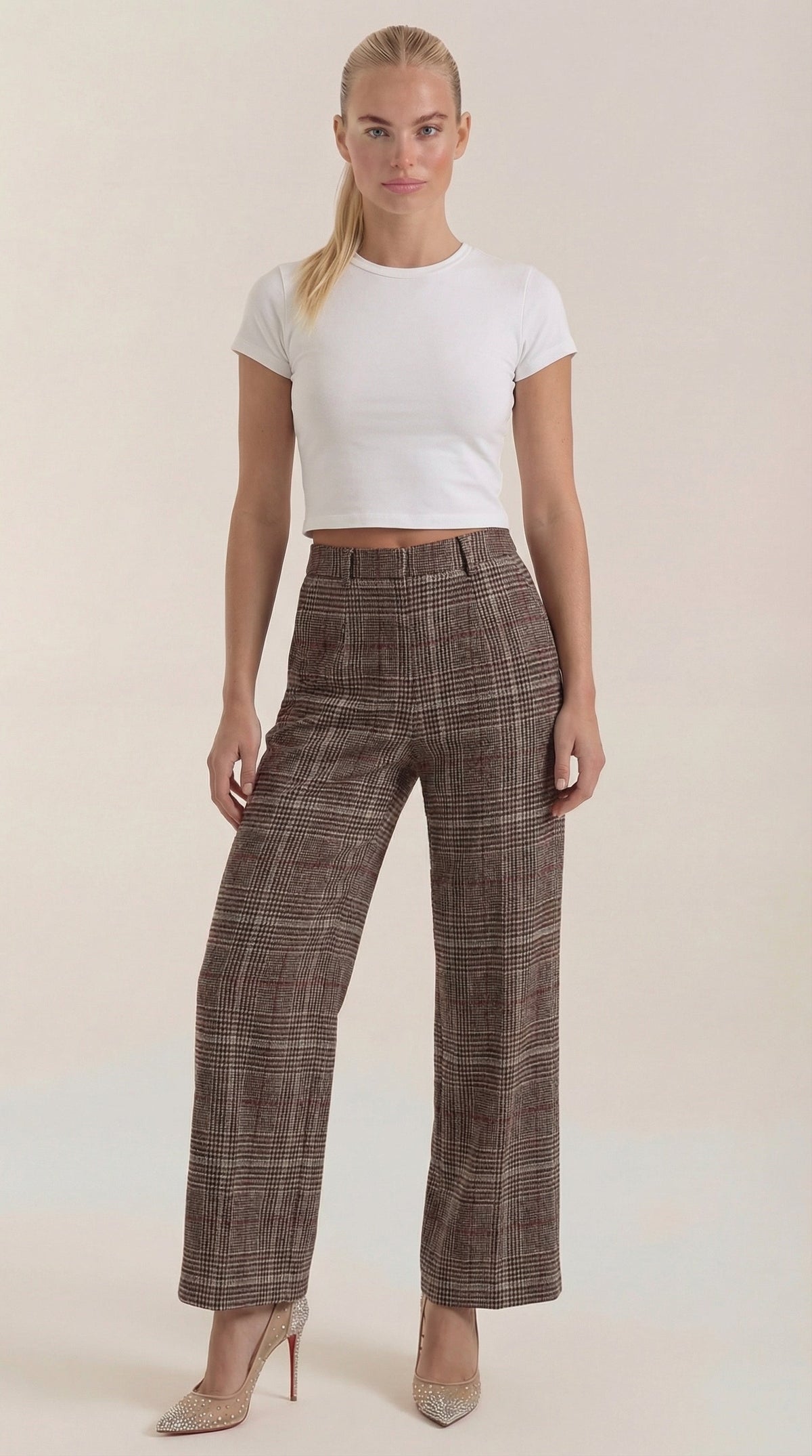 Women's Fall High-Waisted Wide-Leg Pants with a Plaid Pattern.