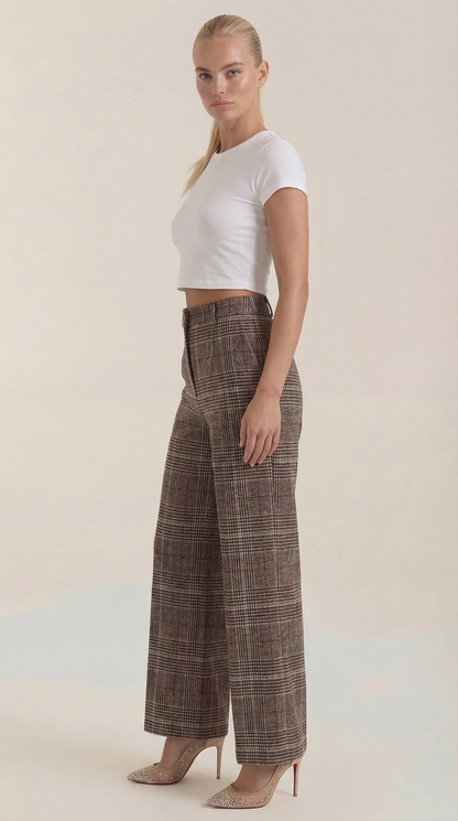 Women's Fall High-Waisted Wide-Leg Pants with a Plaid Pattern.