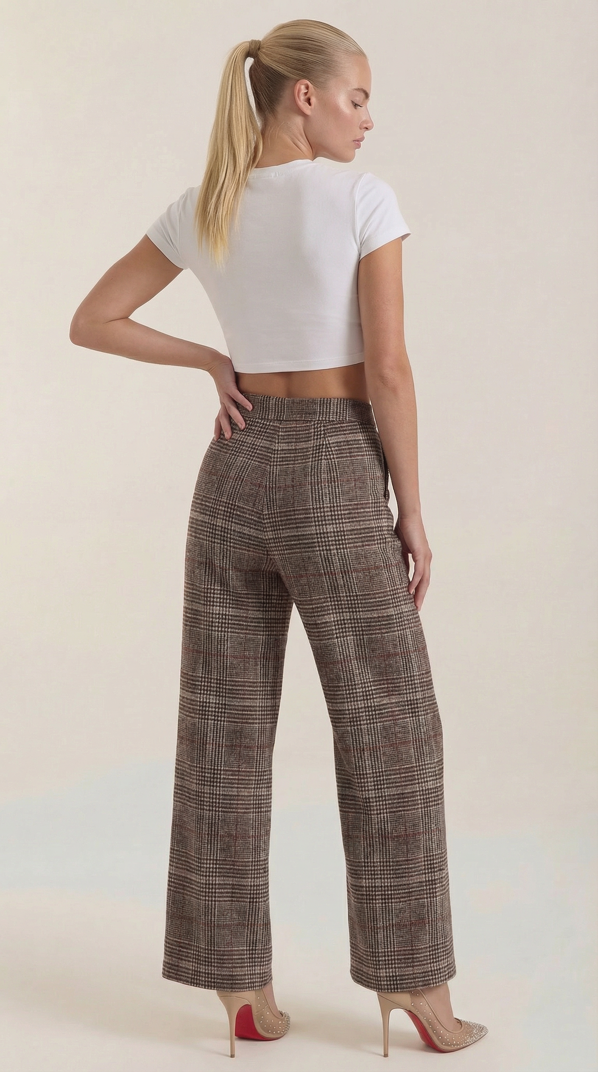 Women's Fall High-Waisted Wide-Leg Pants with a Plaid Pattern.