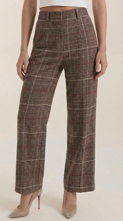 Women's Fall High-Waisted Wide-Leg Pants with a Plaid Pattern.